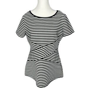 Dressbarn Women’s Black Striped Boat Neck Short Sleeve Career Top L/C30.9